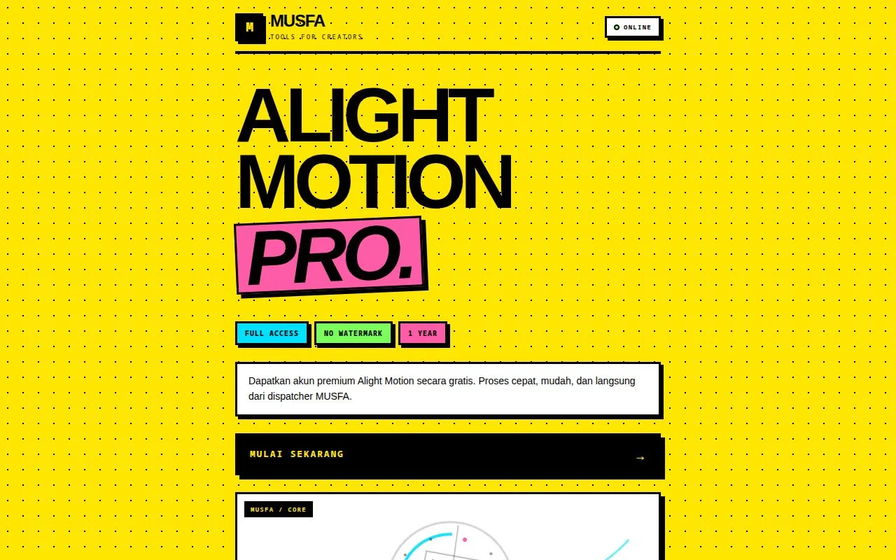 Tampilan halaman MUSFA Alight Motion Pro dengan tombol Mulai Sekarang