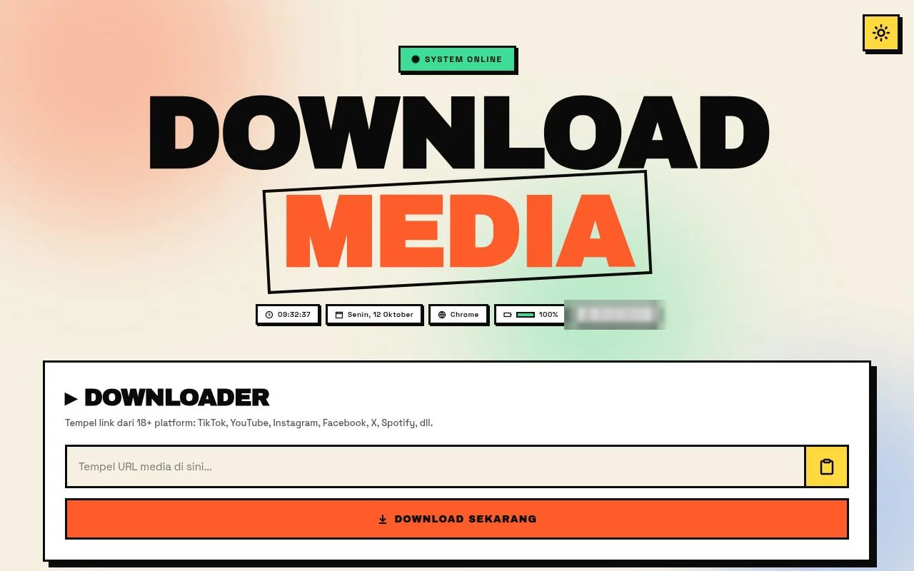 Tampilan halaman Download Media: kolom tempel URL dan tombol Download Sekarang