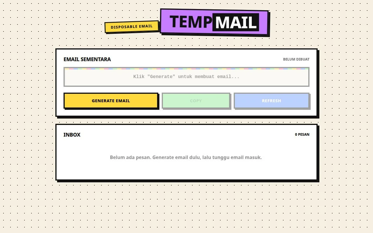 Tampilan halaman TempMail: email sementara dan inbox